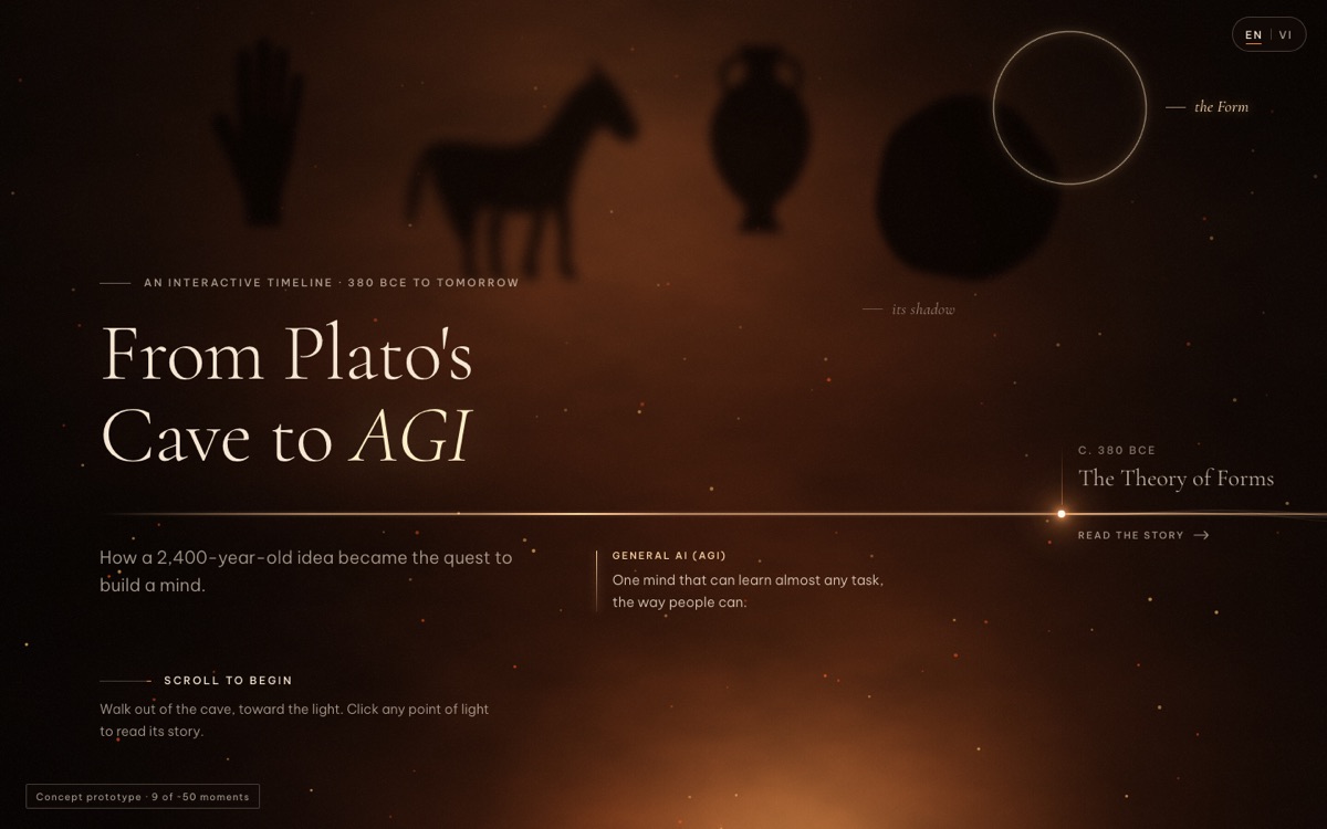 Concept A opening: firelit shadows of a hand, a horse and a jar on a cave wall, with the title From Plato's Cave to AGI